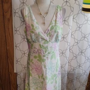 LOFT Floral Midi Dress - Green and Pink